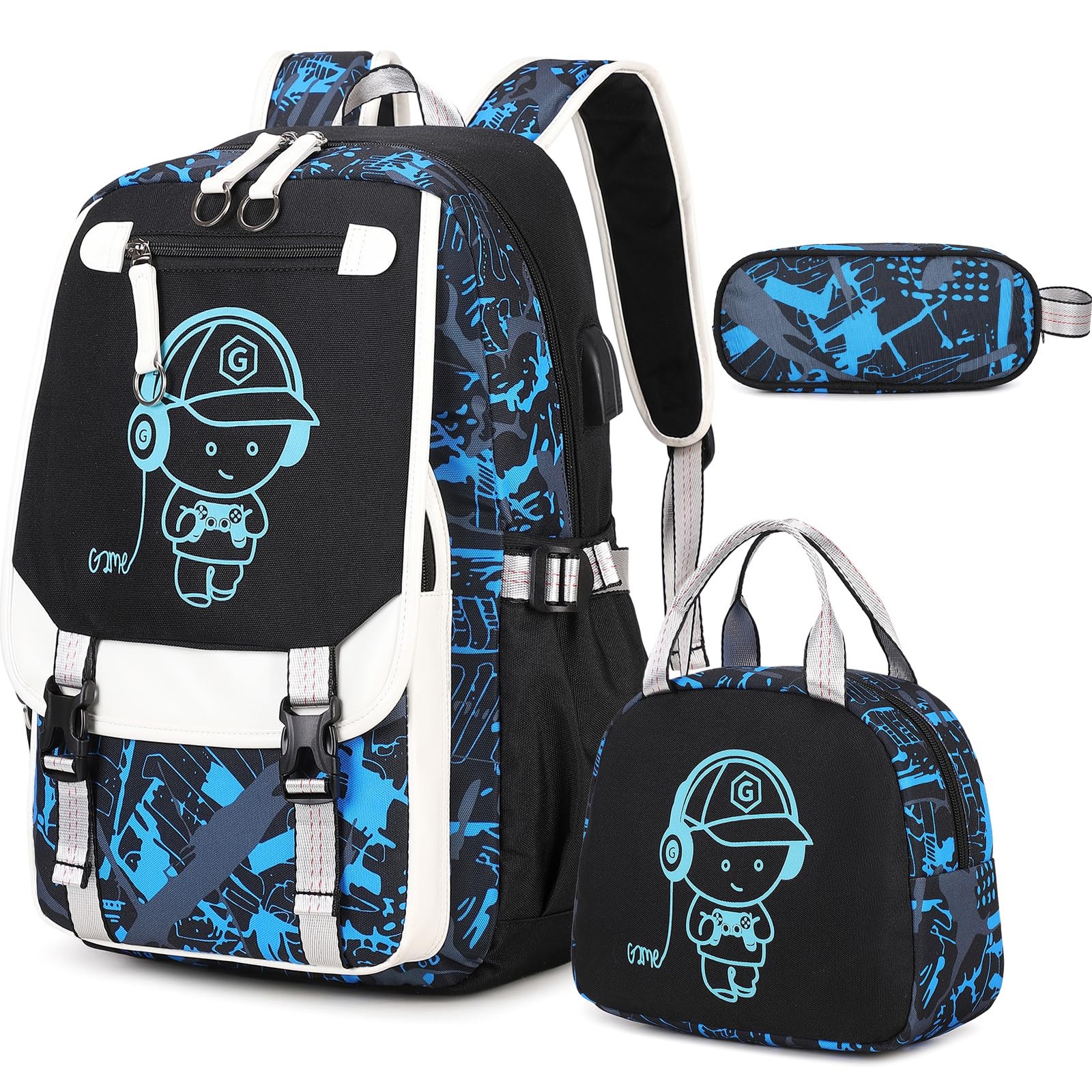 Backpack Boys Cool Luminous Lunch Box Pen Case USB Charging Port Music