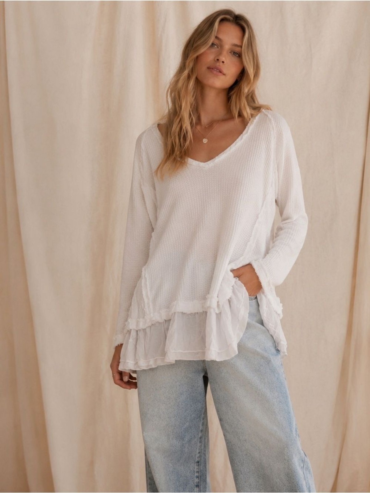 We The Free Waffle Knit V-Neck Ruffle Hem Long Sleeve Top White XS Boho