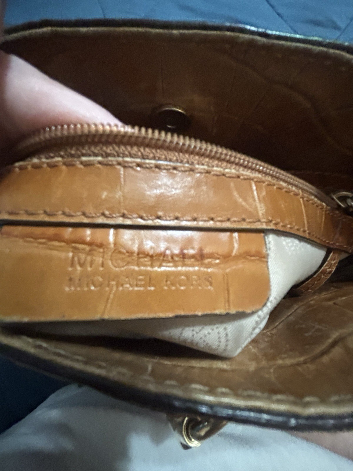 Michael Kors Brown Croc Embossed Satchel Top Handle Chain Strap Snap
