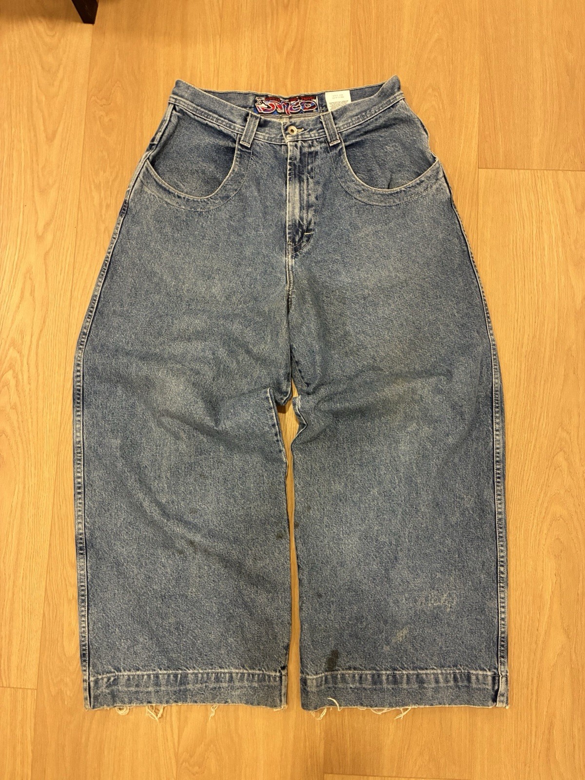 90s JNCO Men’s Blue Wide-Leg Relaxed Fit Denim Jeans, Medium Wash 5-Pocket