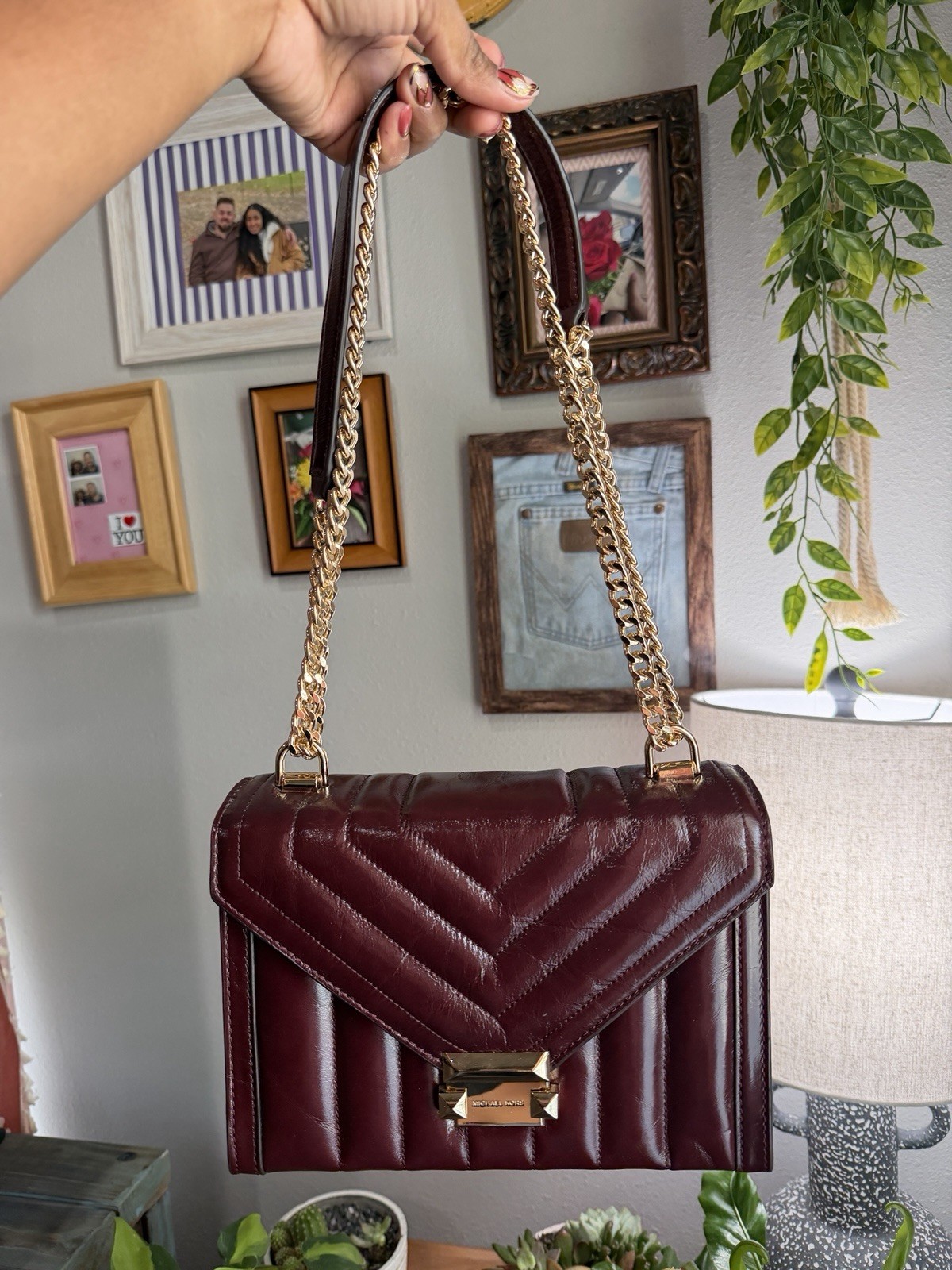 MICHAEL KORS WHITNEY MEDIUM CHAIN SHOULDER TOTE BAG QUILTED STRIPE OXBLOOD