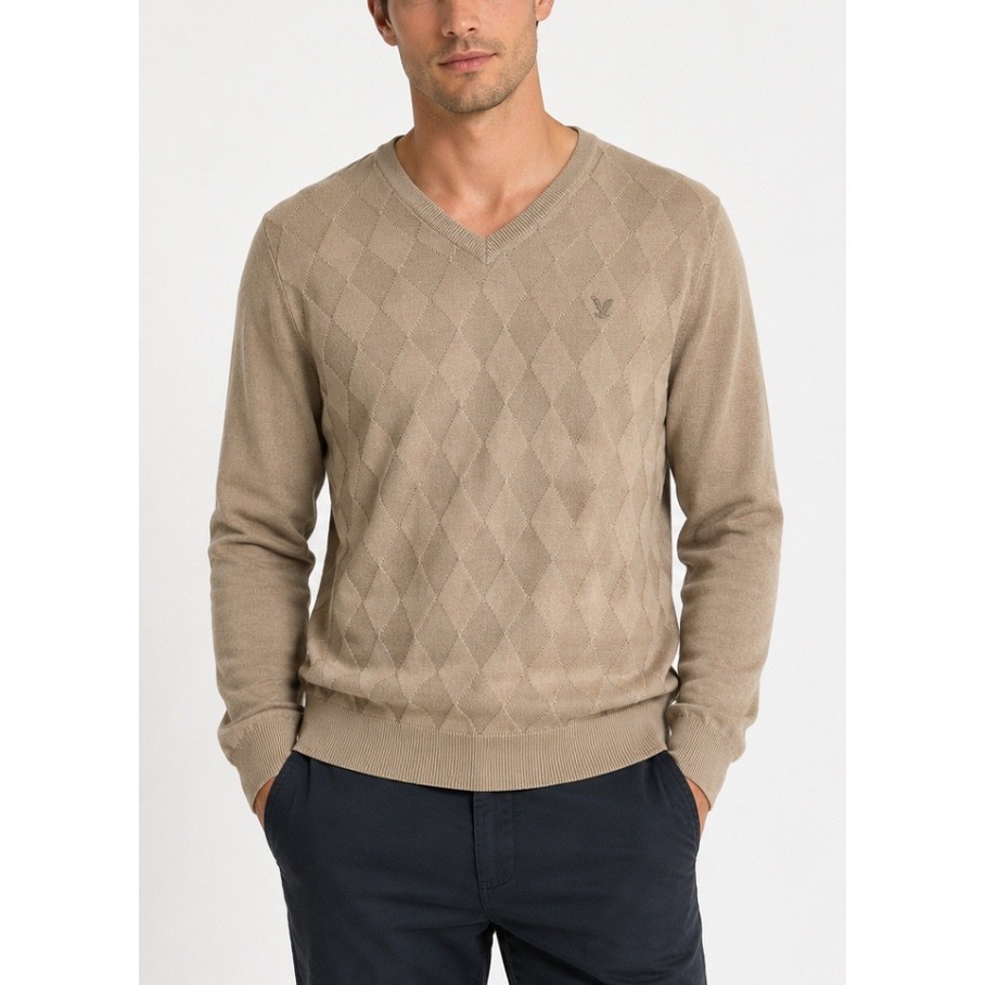 Lyle & Scott Mens Tan Beige V-Neck Argyle Textured 100% Combed Cotton Sweater L
