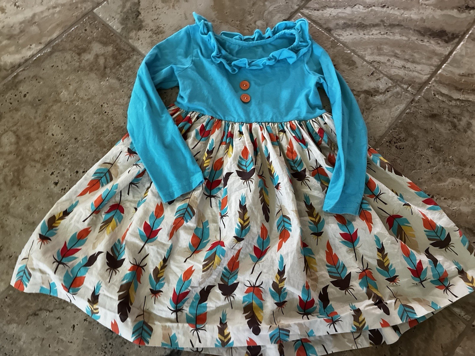 Sz 6/7 ELEANOR ROSE Feather Thanksgiving Dress Girls Turquoise