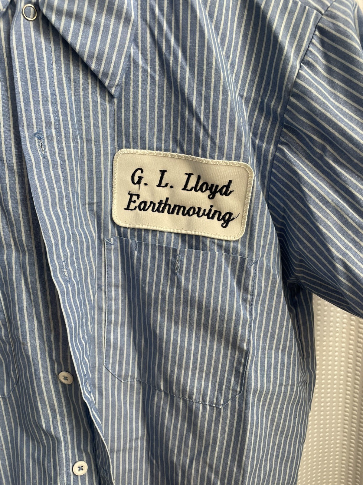 Vintage Work Shirt Striped Blue S.S. Mechanic Mens L DAN G. L. Lloyd Excavating