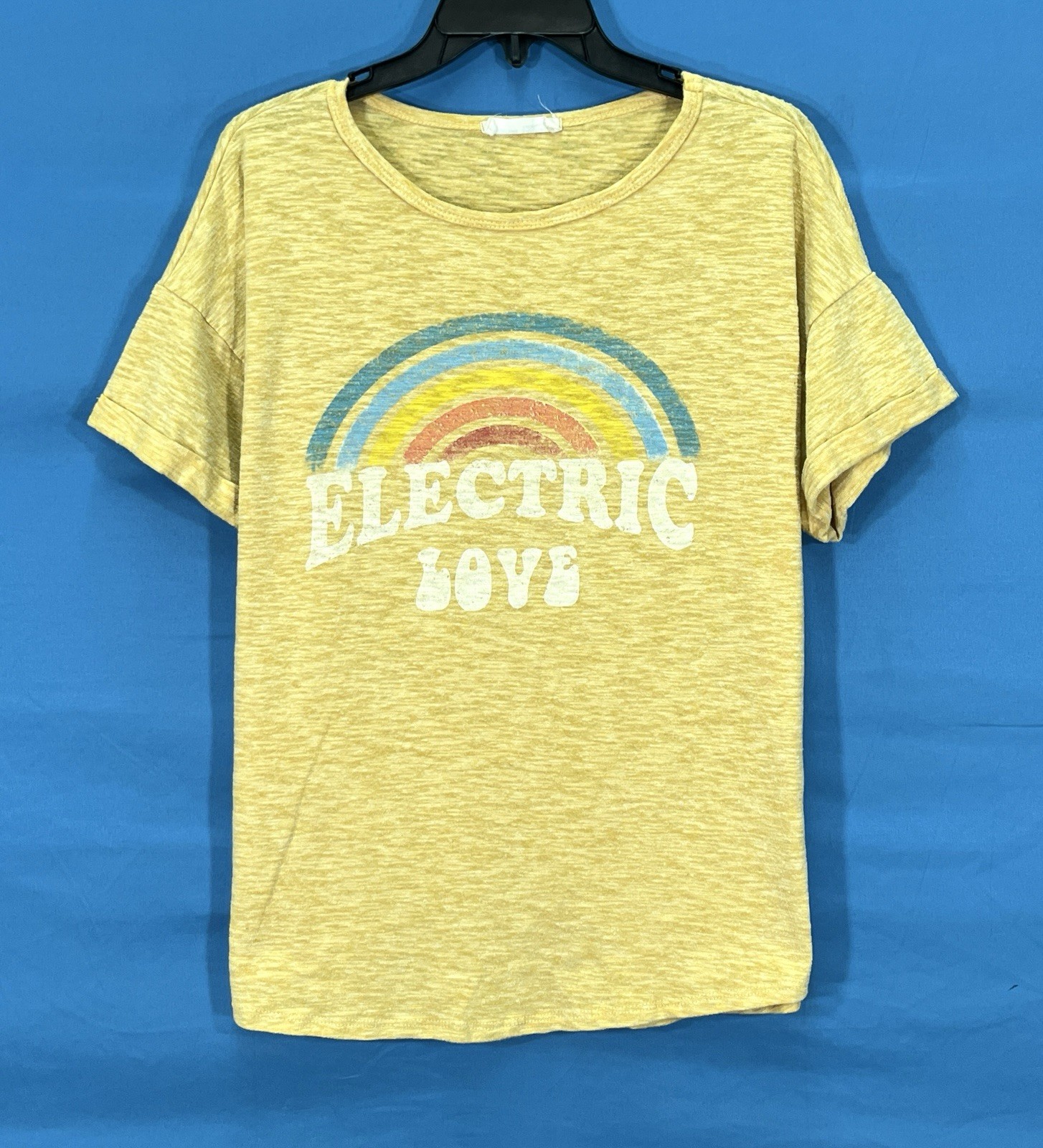 ELECTRIC LOVE Yellow SLUB KNIT Rainbow Pride PULLOVER Graphic T-Shirt Top Sz S