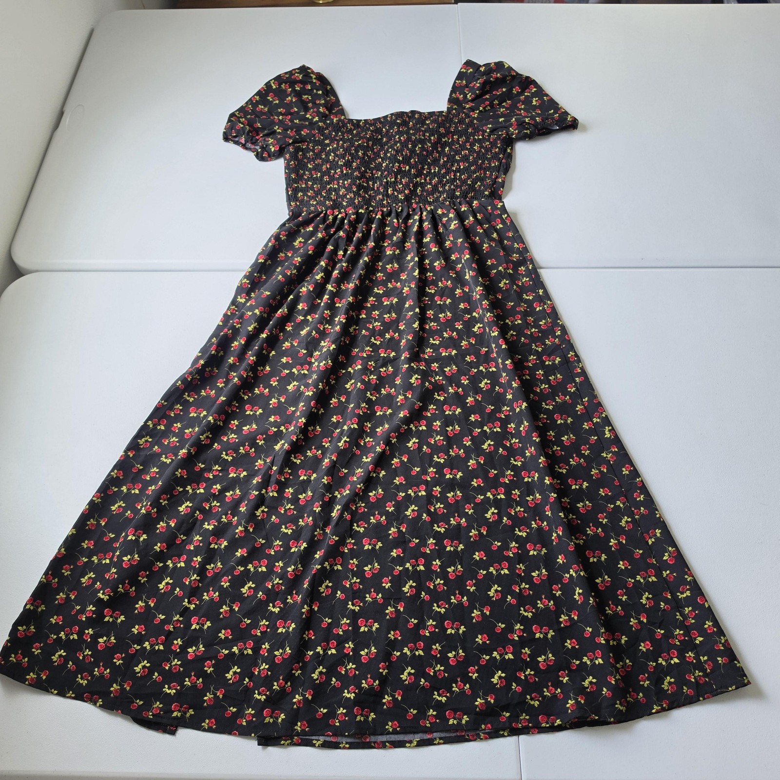 Whimsigoth Dark Romantic Dress Womens Large Black Floral Sweetheart Puff Sleeve