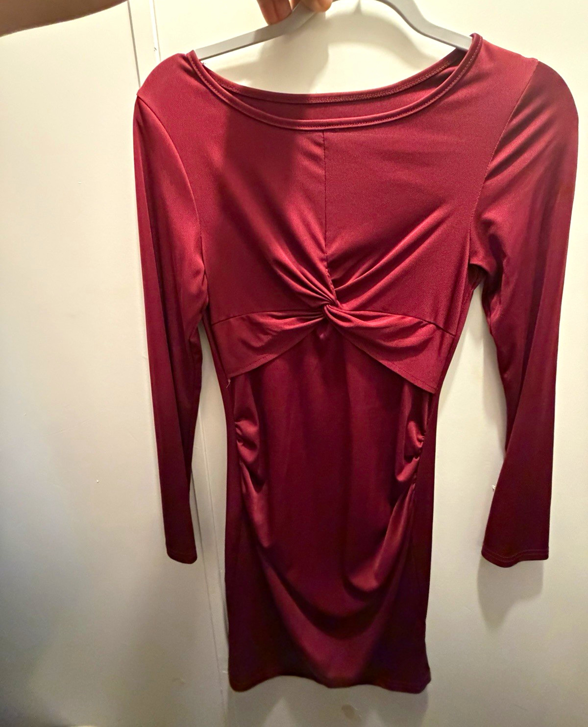 Maternity Burgundy Satin Twist Front Bodycon Mini Dress Long Sleeve Size S