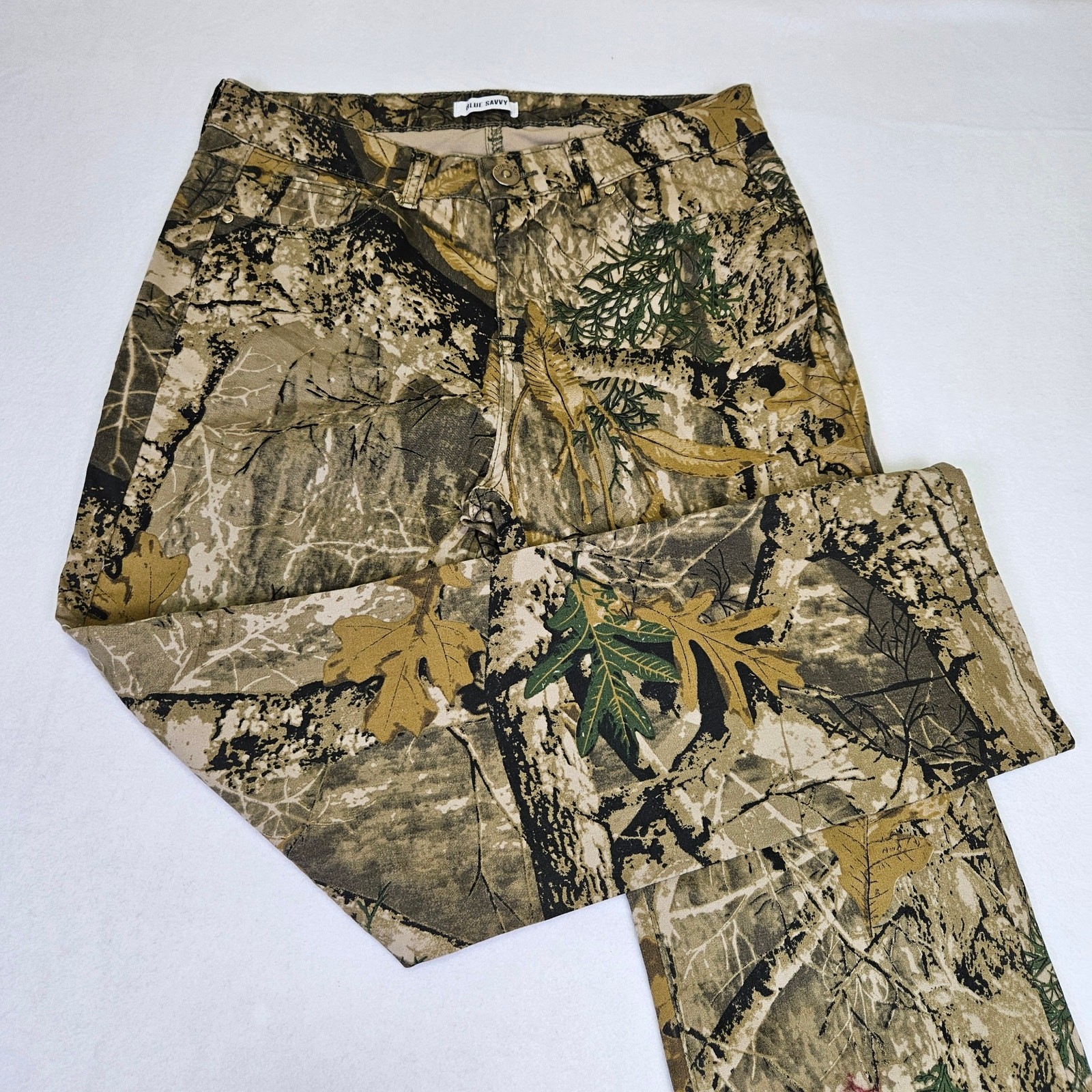 Blue Savvy Camo Pants Womens 14 Jeans Hiking Outdoor Straight Leg Stretch Brown
