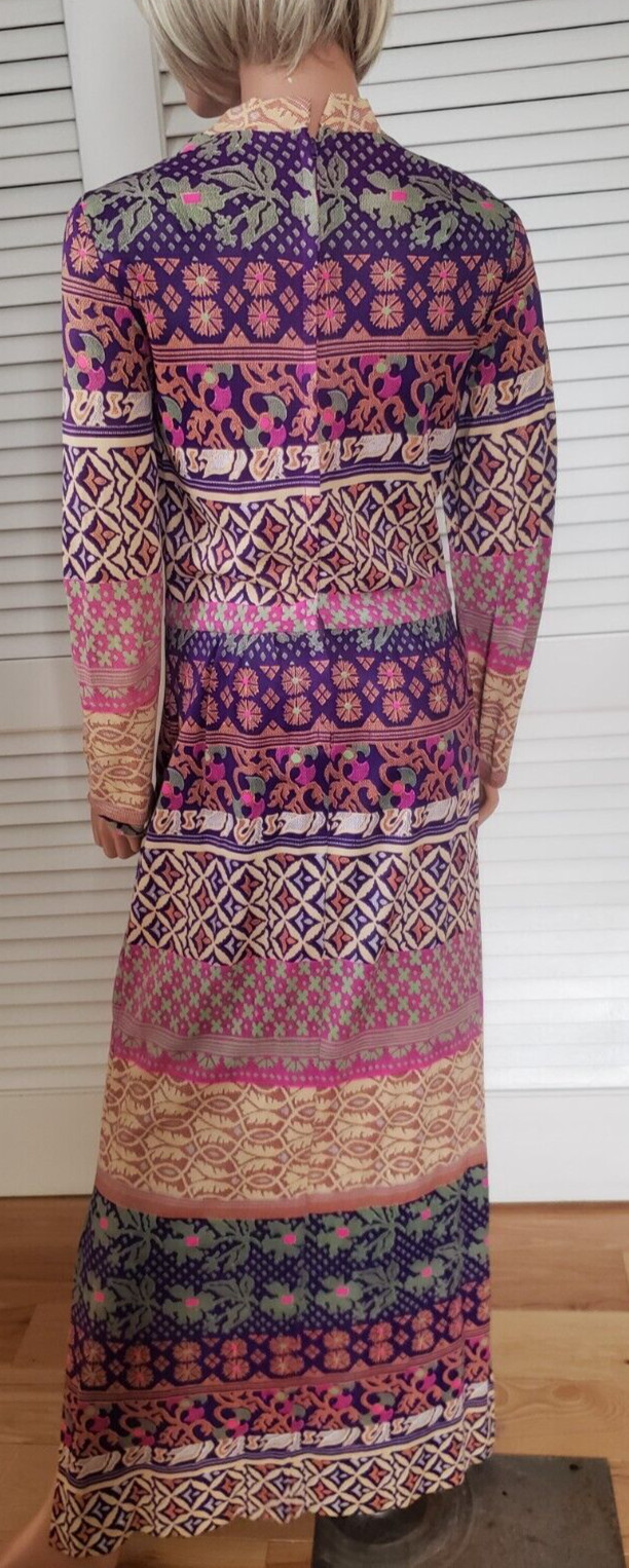 Vintage 1970s Mod Purple Pink Green Orange Beige Column Maxi Dress Size S/M