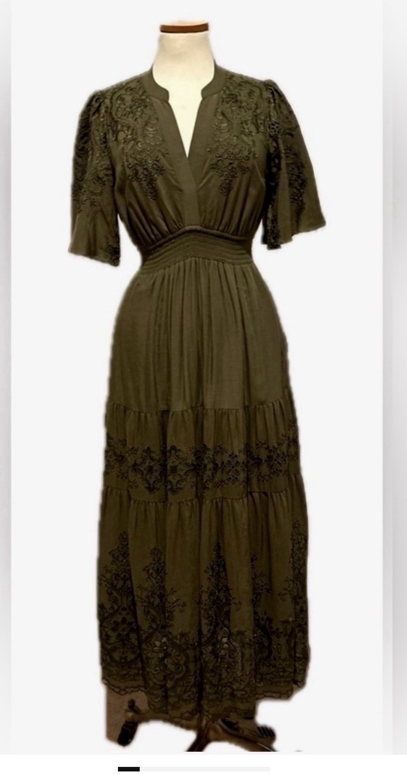 Hale Bob Women’s Green Floral Embroidered Silk Maxi Dress, S, V-Neck, Flutter