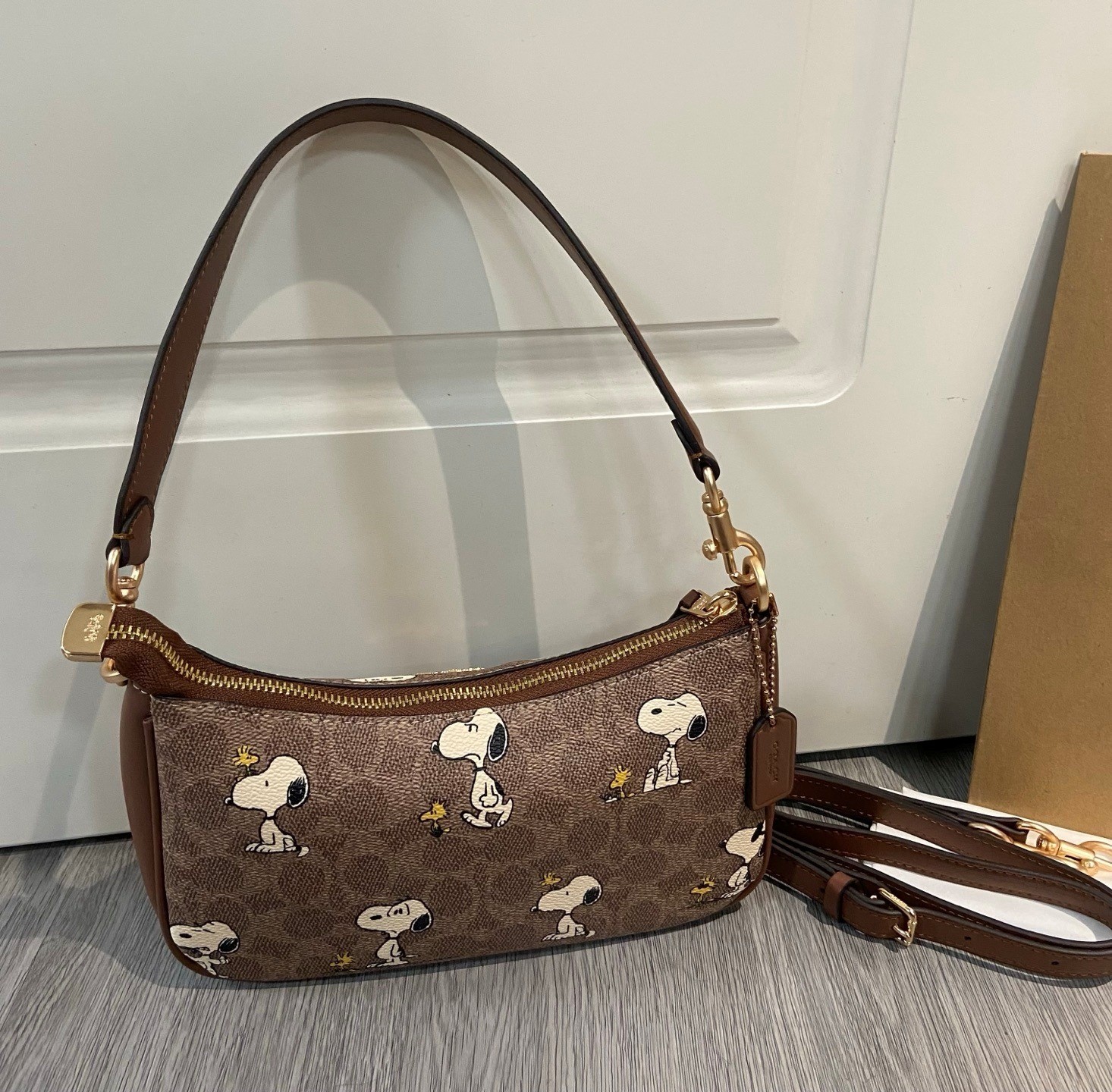 COACH x PEANUTS Teri Shoulder Bag Tan Brown Snoopy Print Signature Canvas CBJ88