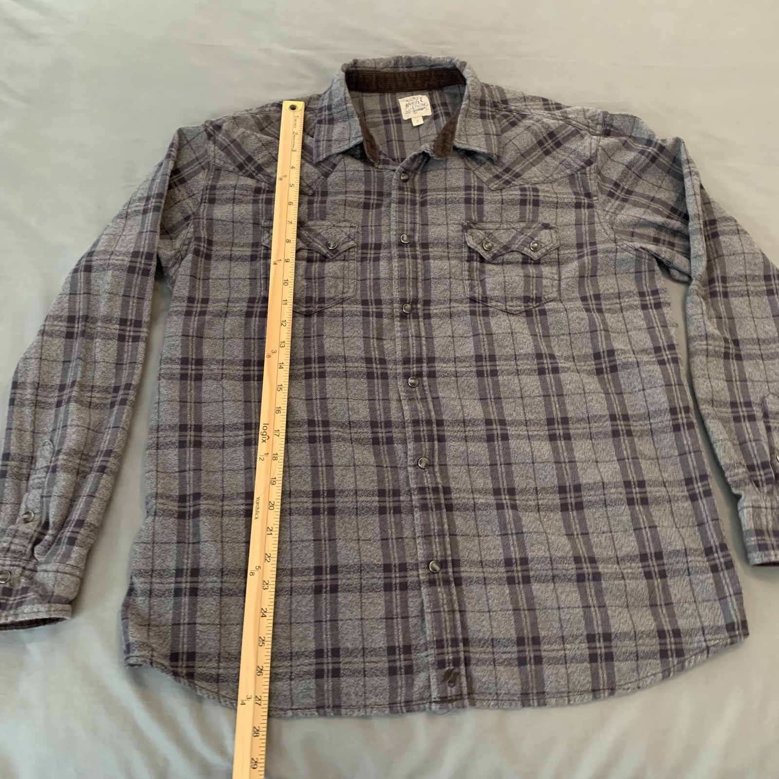 Moon Shine Spirits Shirt Mens Large Gray Plaid Western Pearl Snap Long Sleeve