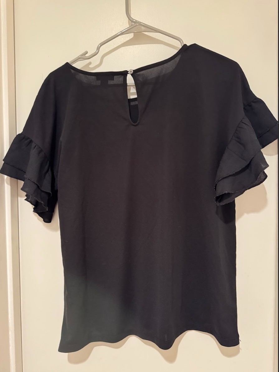 CUTE! Ann Taylor Double Ruffle Sleeve SMALL Navy Blue Pullover Blouse