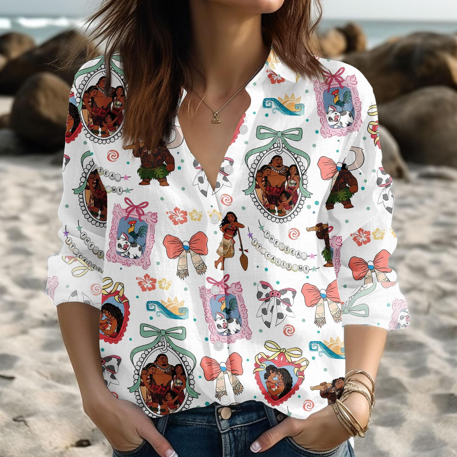 Disney Moana Coquette Bows Satin Blouse Shirt Maui Moana