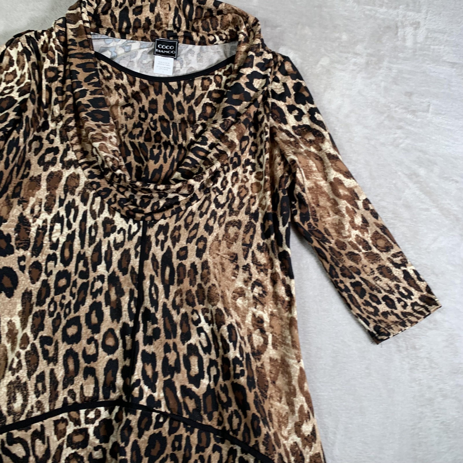 Coco Bianco Tunic Womens Large Leopard Cowl Neck 3/4 Sleeve Hanky Hem Made USA