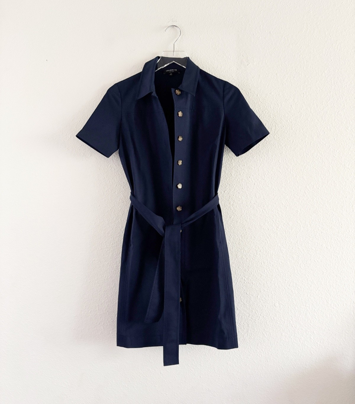 Lafayette 148 New York Navy Shirt Dress Short Sleeve Button Front Tie Waist Sz 0