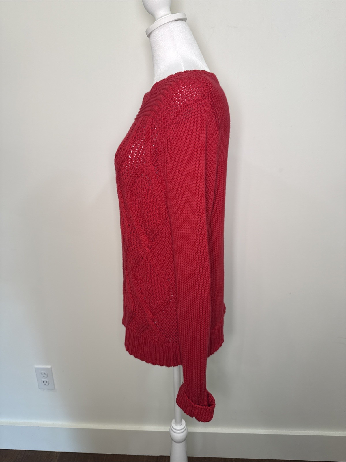 Lands End Drifter Sweater Womens Small Red Chunky Cable Knit Fisherman Cabin S