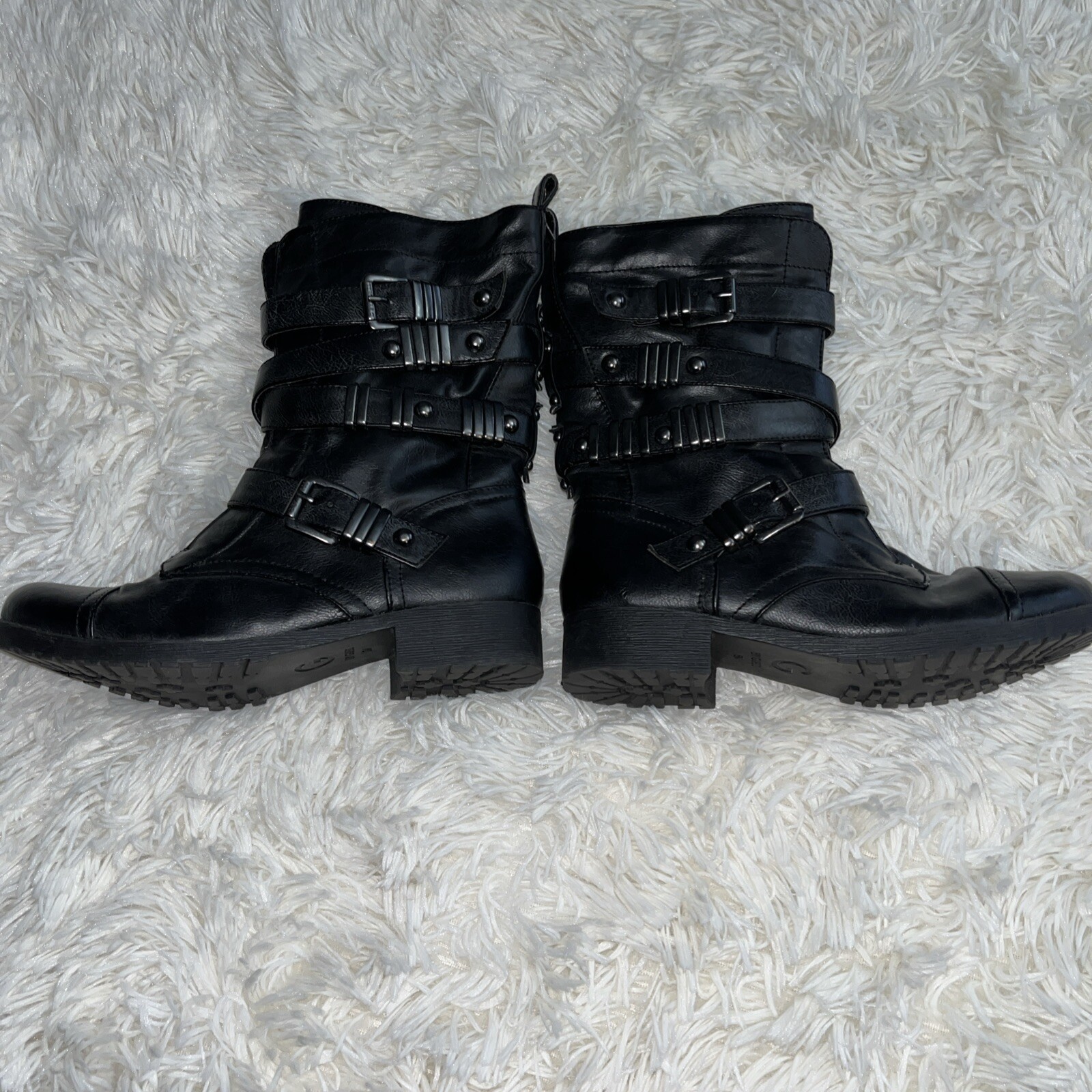 G By Guess Moto Grunge Combat Full-Zip Boot Buckles Black Metal Embellished Sz6m