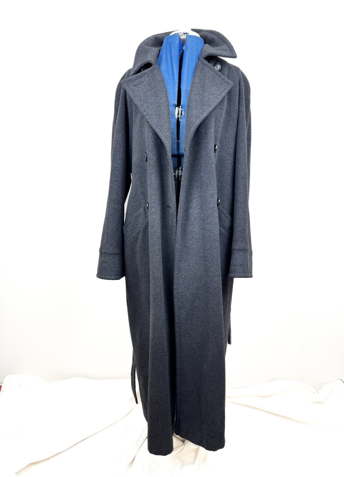 Vintage 90s BHS Virgin Wool Angora Maxi Coat Charcoal Grey Belted Overcoat UK14
