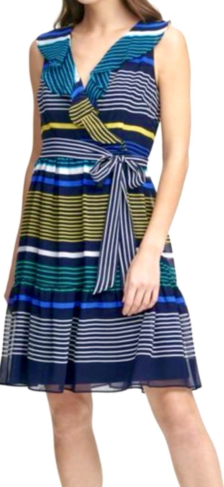 DKNY Navy Striped Belted Lined Sleeveless Above The Knee Fit&Flare Dress Size 16
