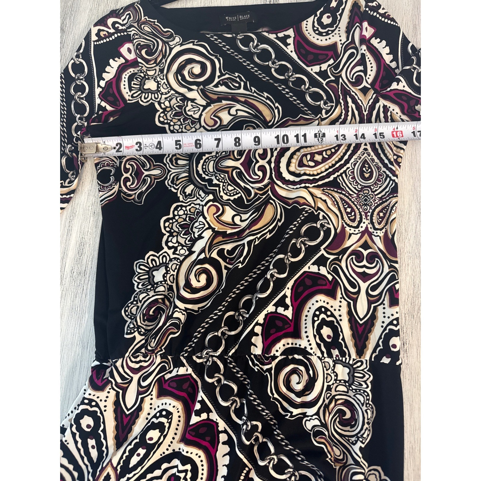 White House Black Market Paisley Chain Print 3/4 Sleeve Sheath Dress Small Black