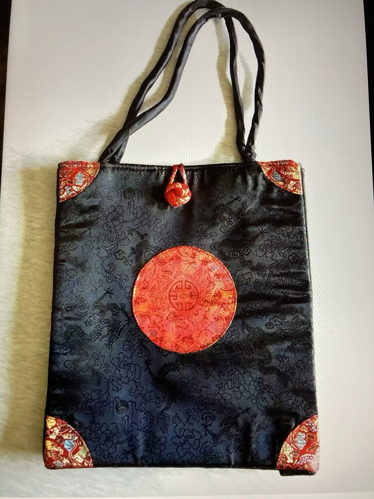 Oriental Tote Handbag Silk Embroidered Red On Black Asian Style