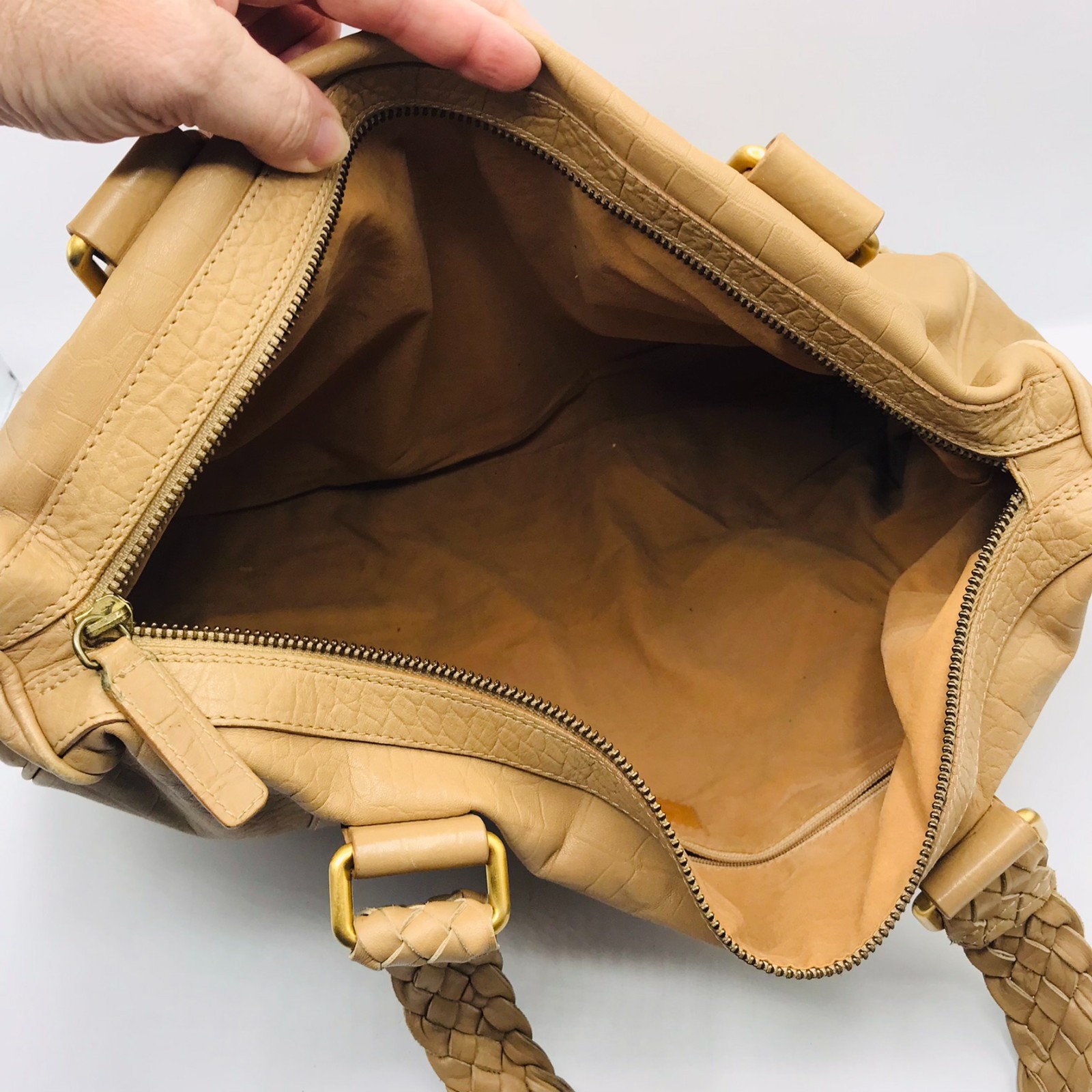 Falor Tan Leather Tote Bag Made In Italy with Woven Handles Embossed Snakeskin