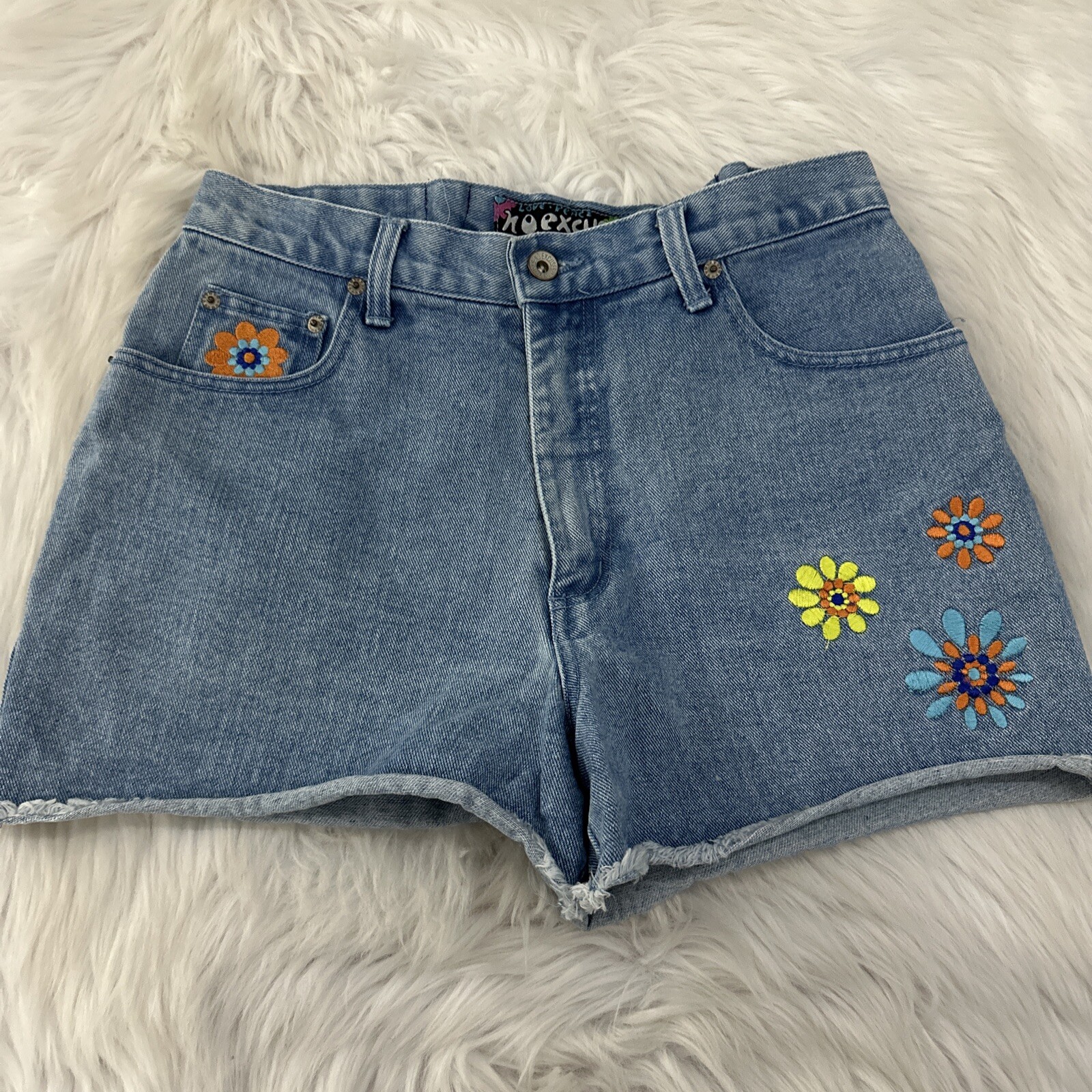 No Excuses Vintage Love Peace Denim shorts High Rise 11/12 View Measurements