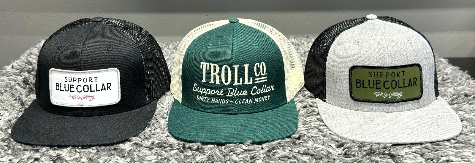 Troll Co Hat Cap Snapback Lot of 3 Mens Green Grey Black Support Blue Collar