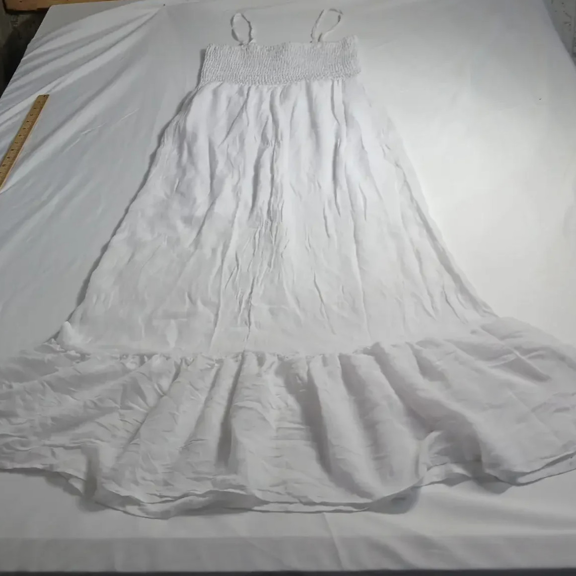 A.U.W White Smocked Maxi Dress M Spaghetti Strap Smocked Bodice Tiered Ruffle