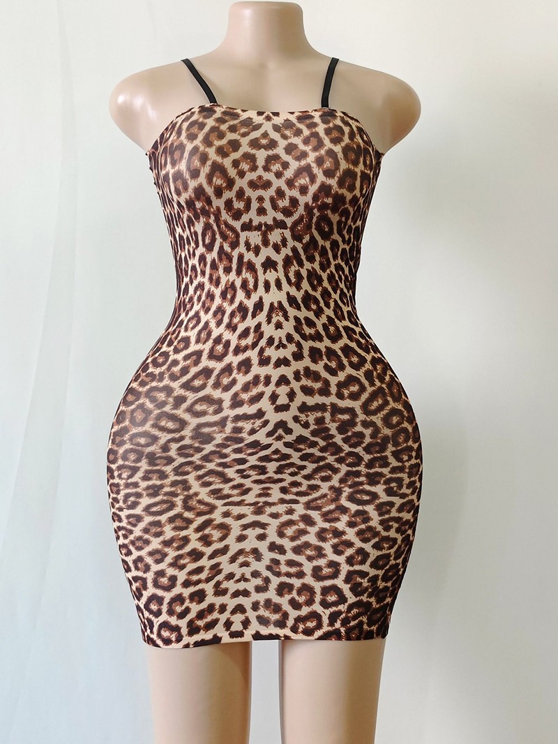 Sexy Womens Bodycon Dress Strap Tight Leopard Pattern Perspective Thin Dresses