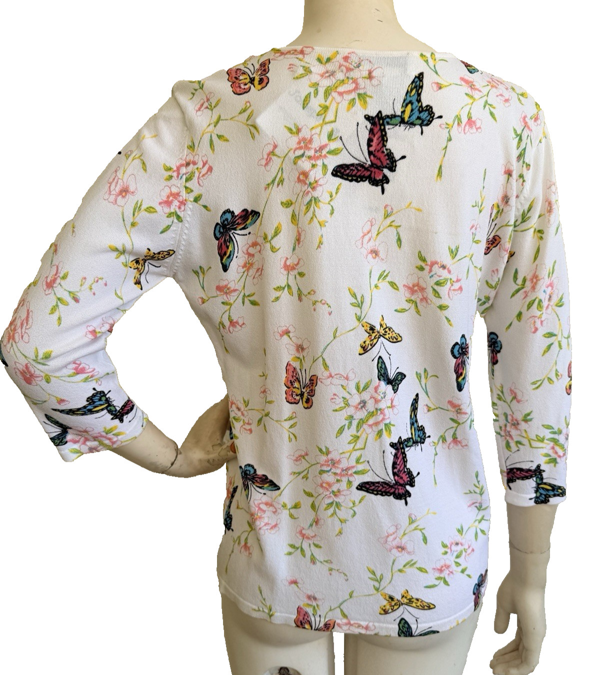 NWT JOSEPH A. Sweater Top White Butterfly Floral Print Viscose 3/4 Sleeve XL