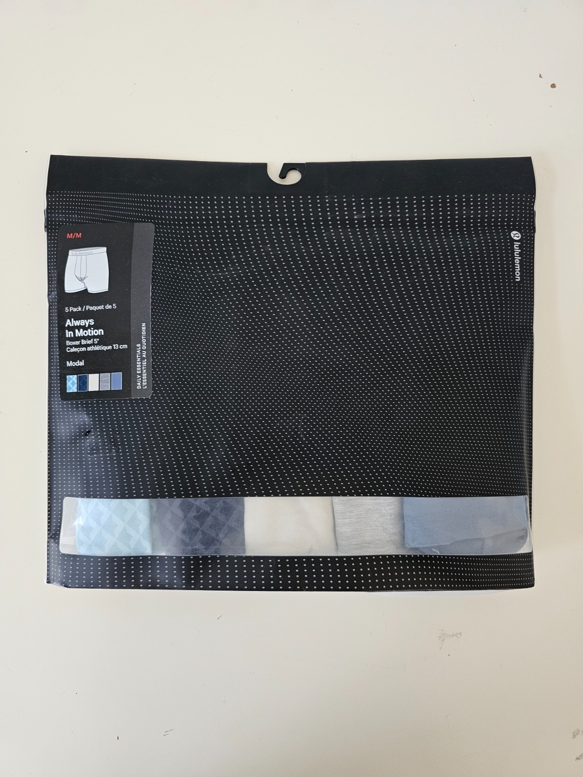NIB LULULEMON Blue Grey Navy Ivory Always In Motion Boxer Brief 5″ Medium 5-Pack