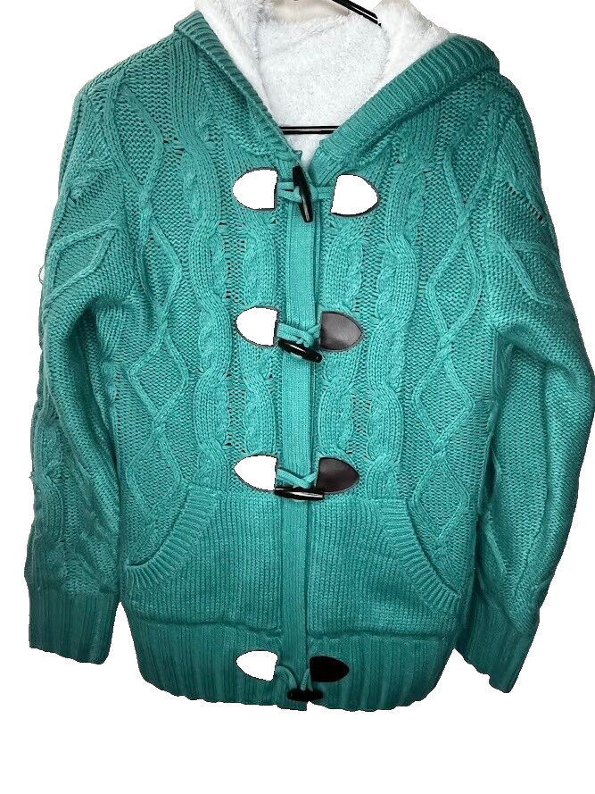 Hooded Cardigan Button Up Cable Knit Sweater Coat size Small Turquoise Sharpa