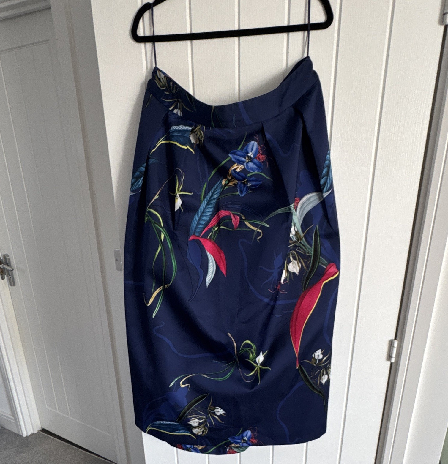 NEXT Navy Floral Satin A-Line Midi Lined Zip Skirt Tall UK 20
