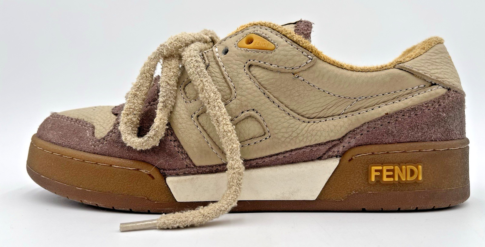 Fendi Match Low Top Bicolor Yellow/Beige Suede Leather FF Logo Sneakers Womens 8