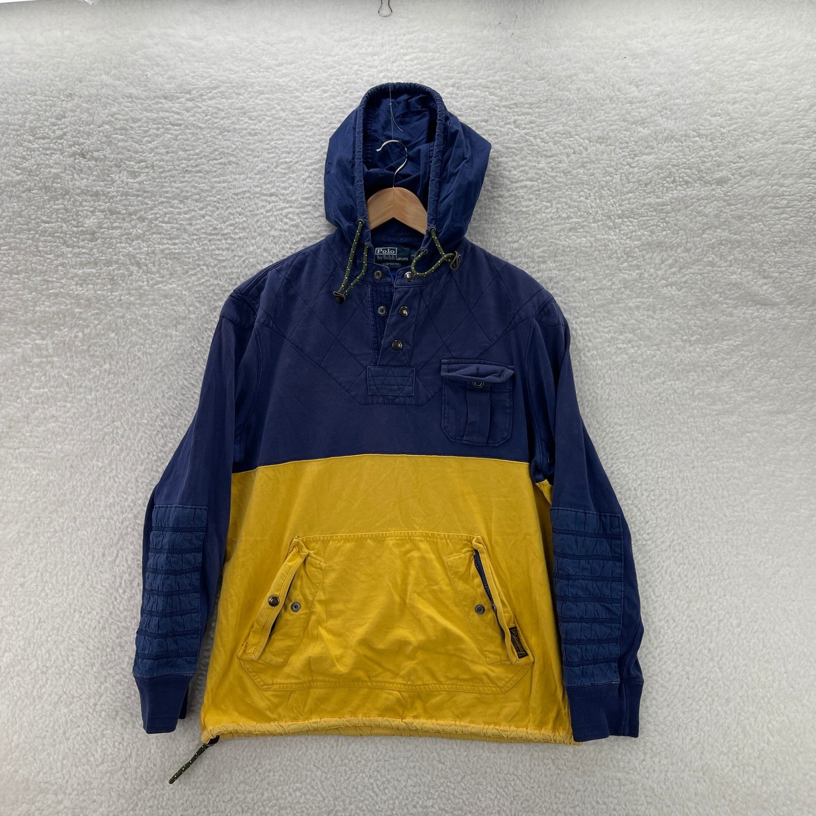 VTG Polo Ralph Lauren Hoodie Mens LYellow Blue Anorak 1/4 Zip Colorblock Quilted