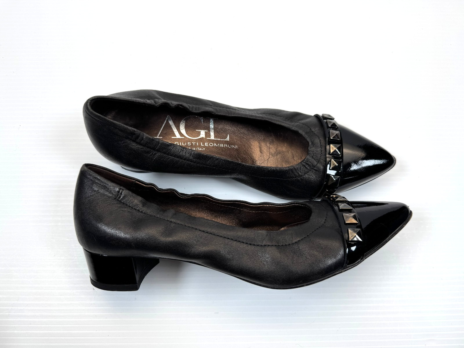 AGL Pyramid Stud Pointed Toe Pumps Women 36.5 US 6.5 EUC Block Heel Leather