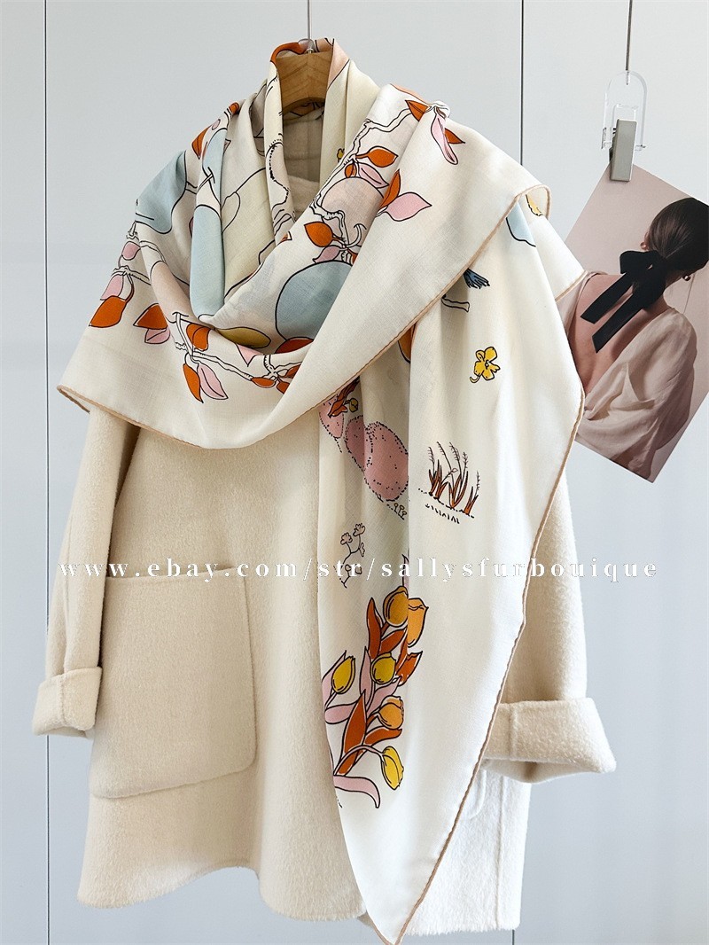 Sallys 70% Cashmere 30% Silk Wrap Scarf Apple Trees Print 2 Face Shawl 53″ Cream