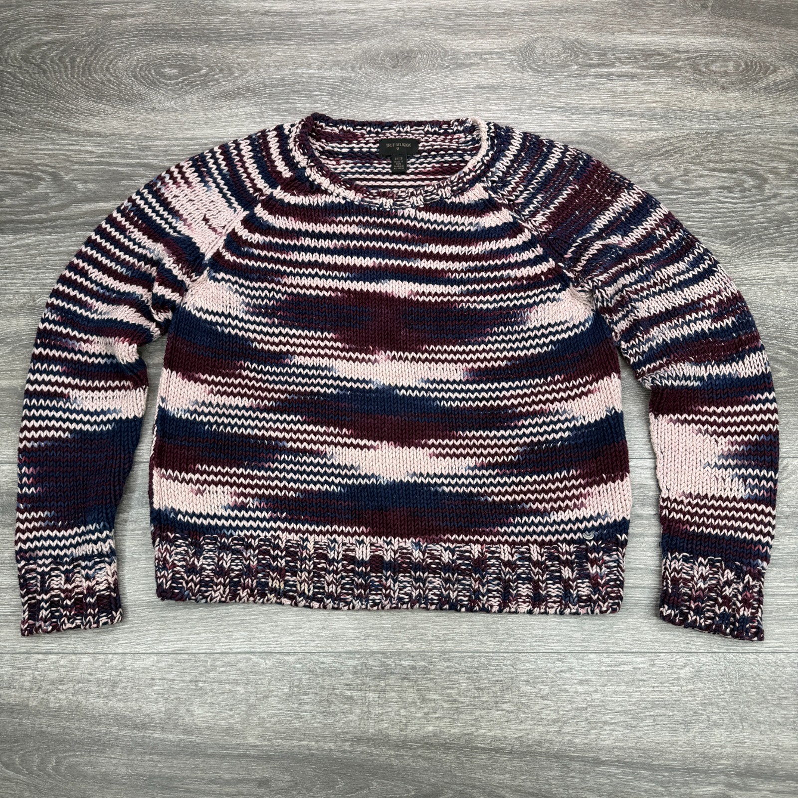 True Religion Sweater Womens XS Purple Pink Chunky Knit Oversized Space Dye Warm
