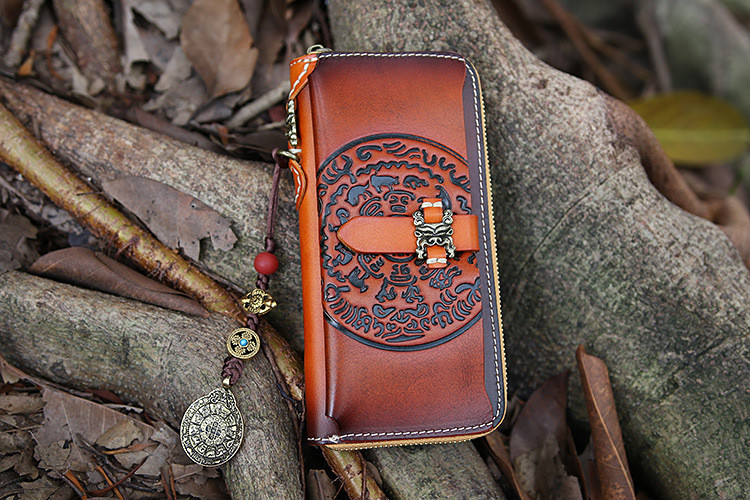 Leather Long Wallet Carved Hand Tooled Zip Around Clutch Purse +Amulet Pendant