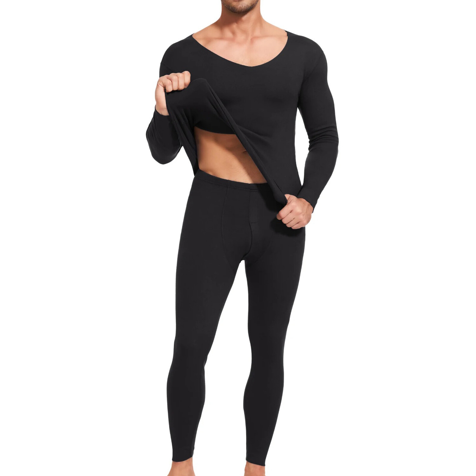 Men Thermal Warm Underwear V Neck Soft Fleece Lined Long Johns Set Top & Bottom