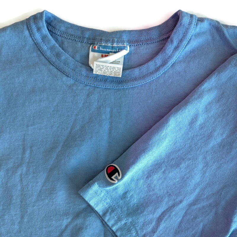 Vintage Champion Size S Blank T Shirt Blue Bar Mounted Collar Cotton GT19 YVC