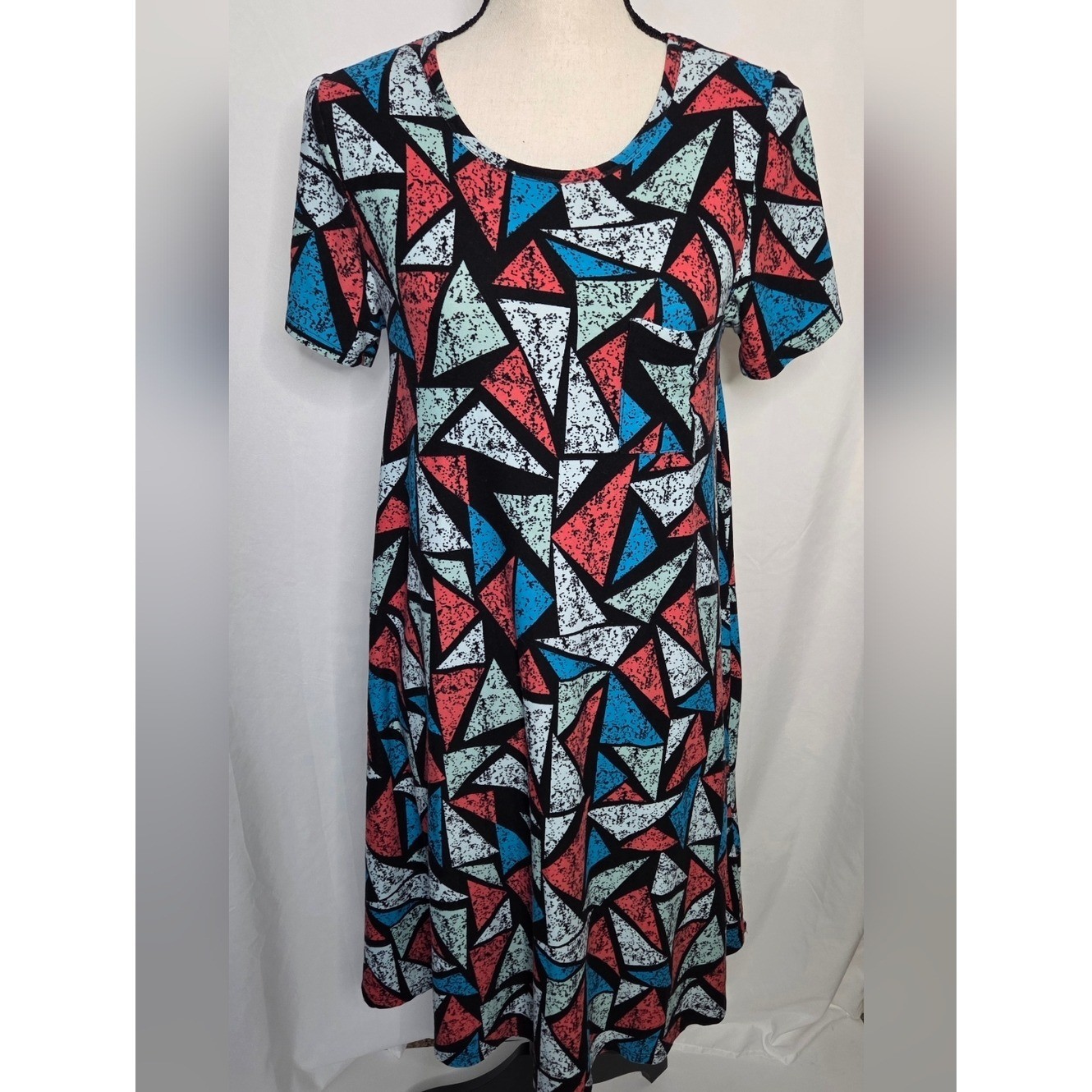 LuLaRoe Geometric Midi Dress in Black, Coral, Teal & White