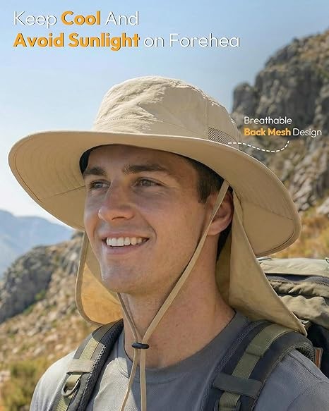 Men’s Wide Brim Sun Hat with Neck Flap UV Protection Fishing Hiking