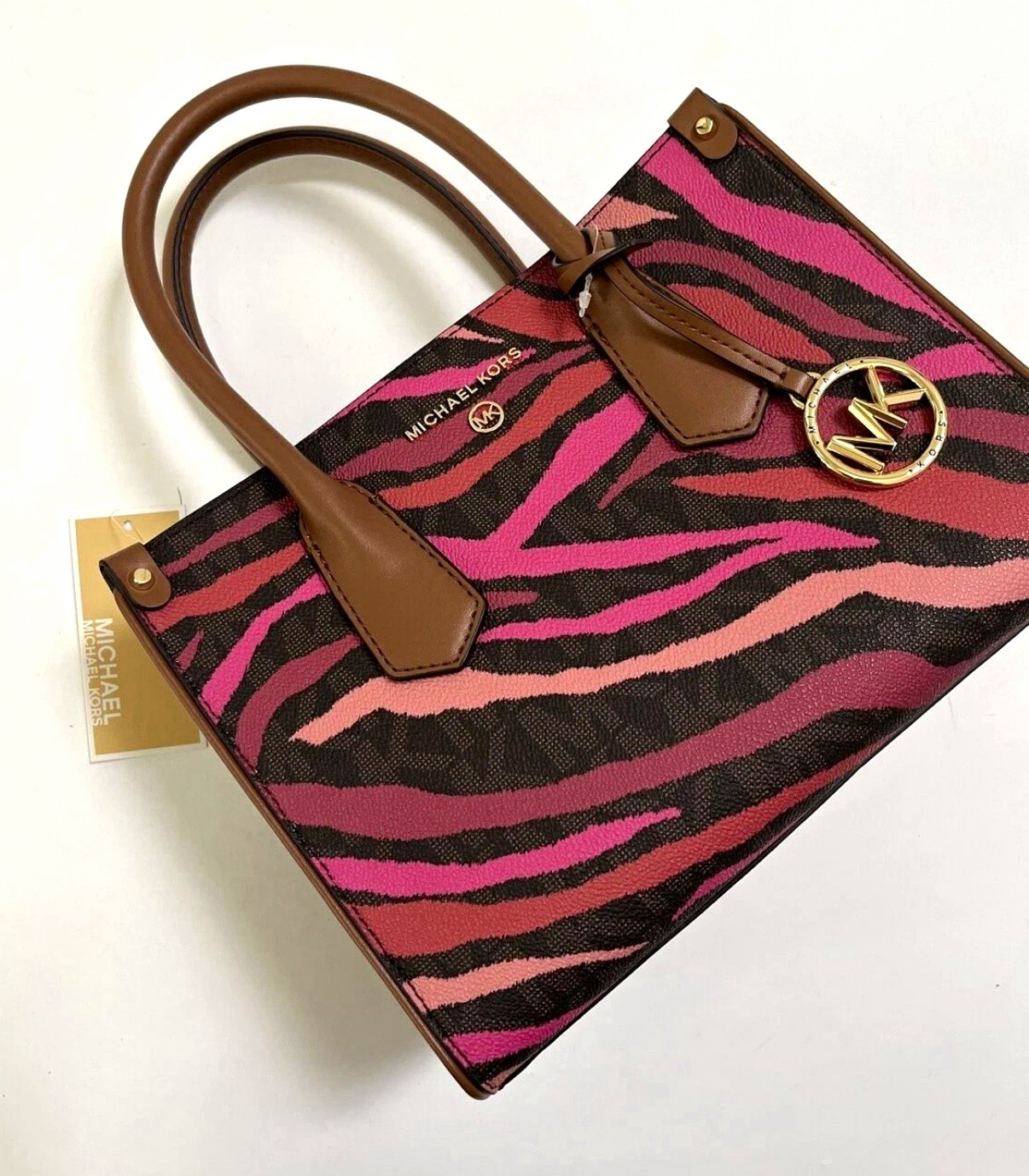 Michael Kors Small Zebra Print Satchel Top Handle Zip, Inner Pockets Gold