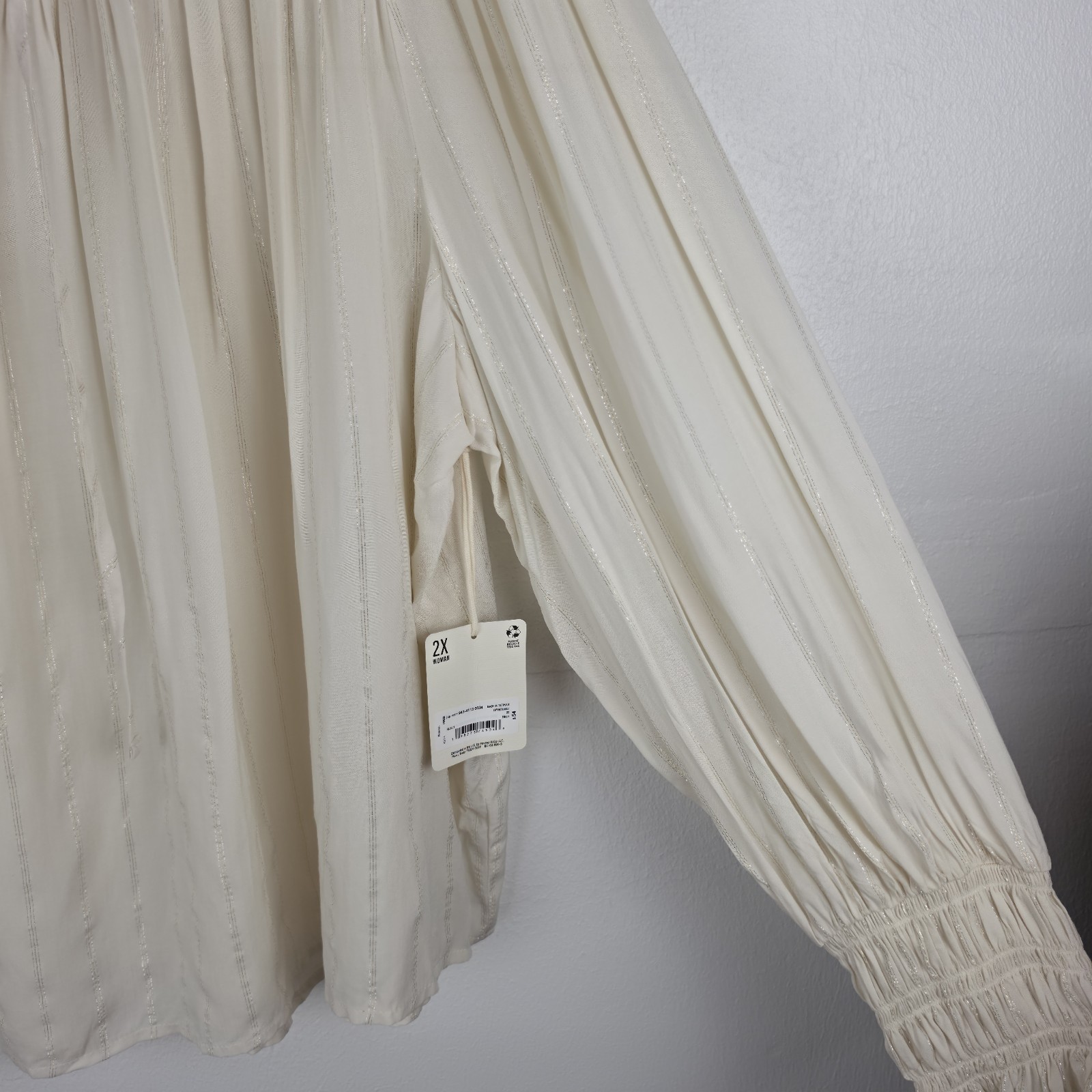 a.n.a 2X Boho Peasant Blouse Ivory Metallic Stripe Smocked Ruffle Cottagecore