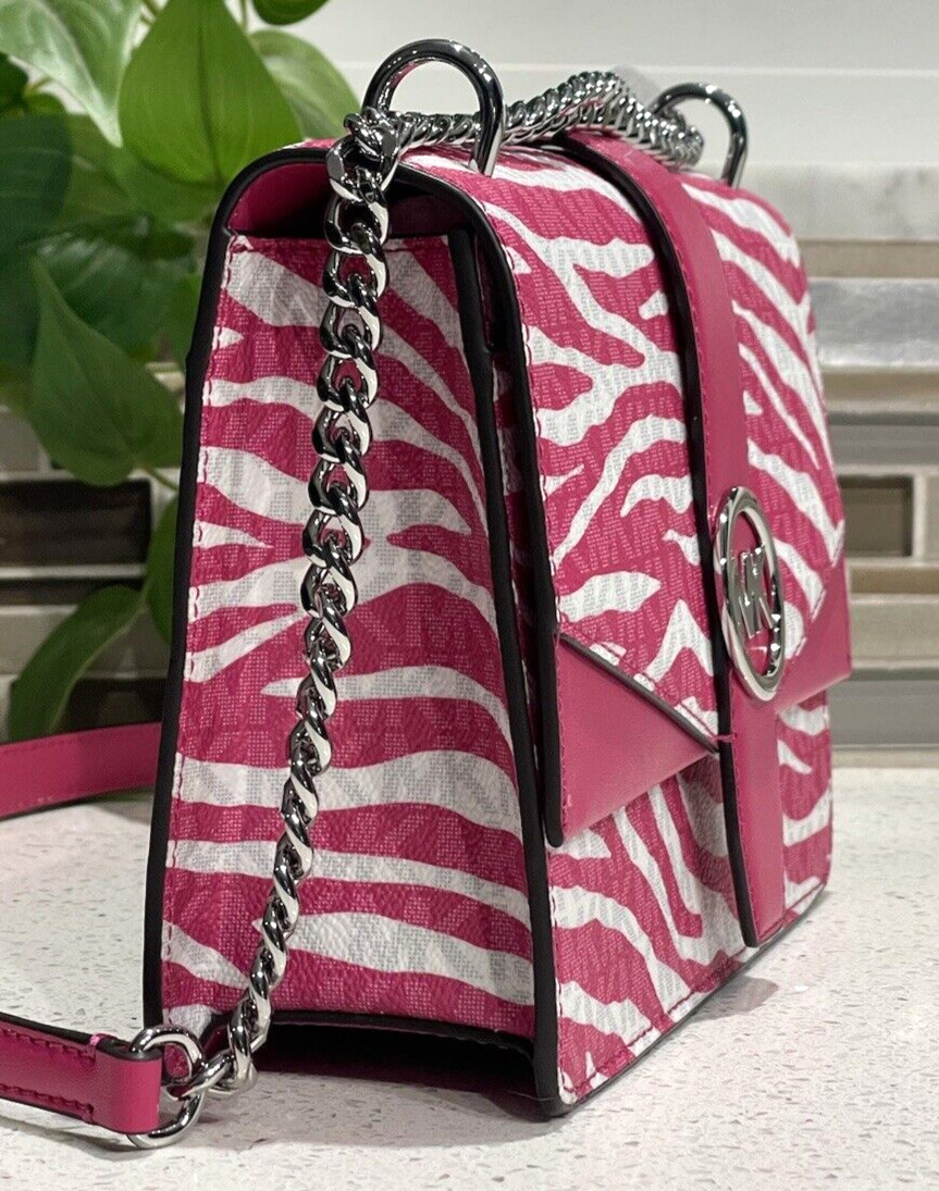 MICHAEL KORS GREENWICH SMALL FLAP CROSSBODY MK CHAIN BAG TOTE PINK ANIMAL ZEBRA