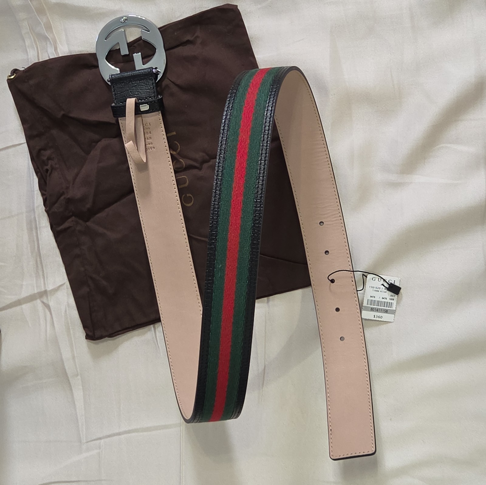 Authentic Gucci Black Green And Red Striped Belt, Men Size 34-36 IT 100CM