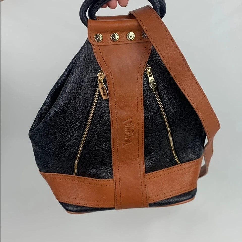 Valentina Italy Two-Tone Leather Backpack bag Brown Black Gold Zippers accents